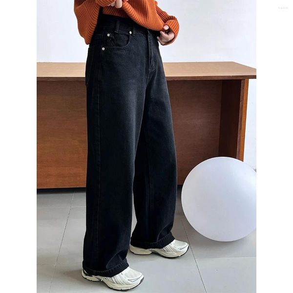 Jeans pour femmes Pantalon en denim long à jambes larges doublé de polaire épaisse noire