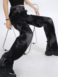 Jeans pour femmes noir cravate teint taille haute femmes Vintage mode coréenne Streetwear jambe large Jean femme Denim pantalon droit Baggy pantalon 230718