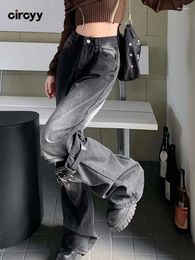 Jeans para mujer Mujeres negras de talle alto casual lavado vintage moda streetwear diseñador encaje arriba empalmado pierna ancha pantalones de mezclilla