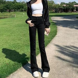 Jeans pour femmes Noir Femmes Rétro Mode Taille haute Cent serré Fit Stretch Micro Flare Long Streetwear Y2K Denim Pantalon