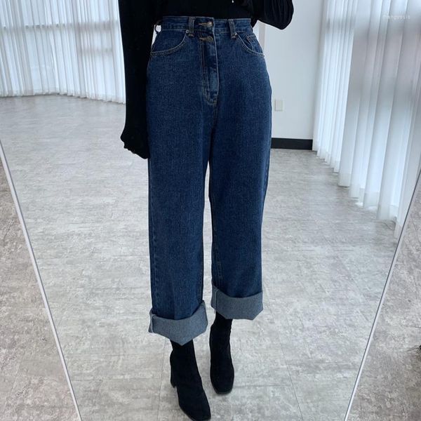 Jeans pour femmes Bouton bleu Femmes Pantalons à jambes larges Taille haute Baggy Long Slim 2023 Automne Coréen Chic Tendance de la mode Style élégant Outflit