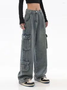 Jeans pour femmes Pantalon cargo bleu Femmes Casual Hippie Denim Pantalon Baggy Taille basse Maman Vintage Y2K 90s Grunge Streetwear Tide