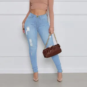 Damesjeans Blue Casual Women High Taille Slim Hole Enkle Split denim broek Kantoor Lady Potloodbroek 2024 Zomer Dunne sectie