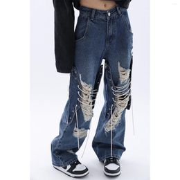 Pantalones vaqueros de Mujer diseño azul sentido rasgado Y2k otoño Pantalones De Mujer Hip Hop cintura alta recta suelta Show Slim Pantalones