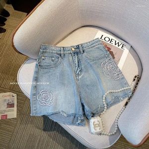 Jean pour femmes Blue brodé à Fix Rhingestone High Waist Denim Short For Women 2024 Summer Lignet