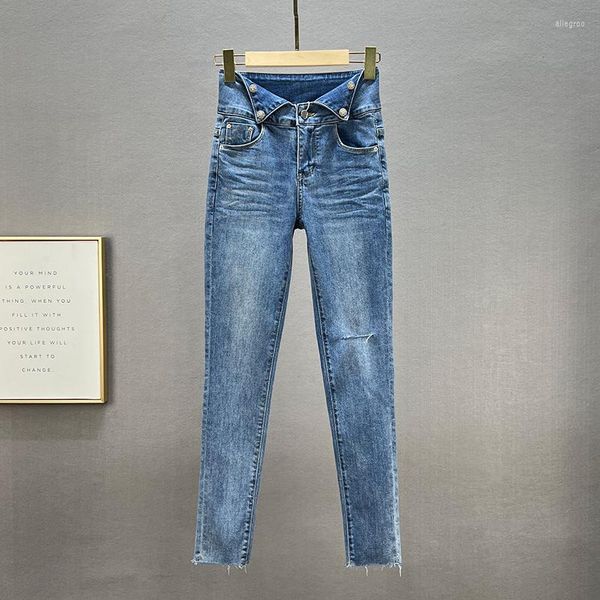 Jeans de mujeres azules para mujeres 2022 primavera irregular cintura alta de cintura delgada pantalones de lápiz flacos pantalones de mezclilla jean jean