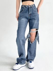 Damesjeans blauw voor dames hoog getailleerde losse rechte gescheurde broek Pantalones Vaqueros Mujer wijde pijpen