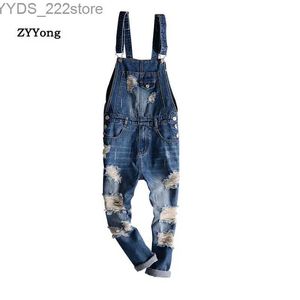 Damesjeans Blue Hole Mens denim jumpsuit Cardigan jeans slabbetje enkel lengte hiphop grote zak Koreaanse vrachtbroeken yq240423