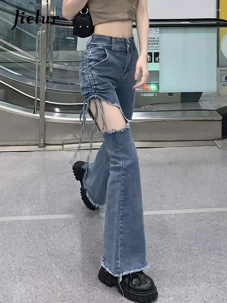 Jeans para mujer Agujeros azules Arco con cordones Vintage Mujeres Cintura alta Slim Sexy Cremallera Casual Moda Mujer Streetwear Chic Flare Pantalones