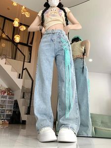 Damesjeans Blue Lace-Up Harajuku Oversize Baggy Bandage Denim broek Y2K Brede Jean Pants Vintage 2000s Trashy Deskleding 2024