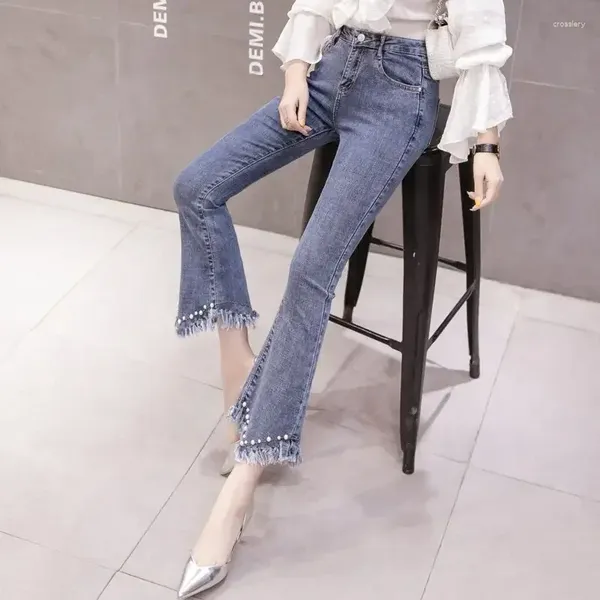 Jeans de mujer Blue Pipe Pantalones de cintura alta S Pantalones para mujer con bolsillos y capris con cuentas recortadas A Corea del Sur en venta R