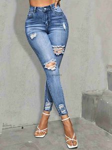 Jean femme bleu déchiré trous jean moulant coupe ajustée haute Stretch en détresse jean serré femmes Denim jean vêtements