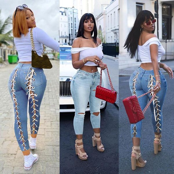 Jeans para mujer Blue Ripped Flaco Mujeres Verano Sexy Back Hollow Out Lace Up High Talle Mujer Moda Vendaje Denim Lápiz Pantalones