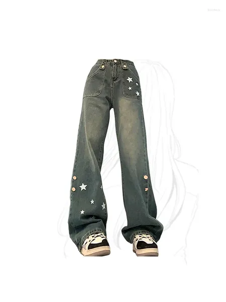 Jeans pour femmes Blue Star Jean Pants Y2k Rétro 2000s 90s Esthétique Taille haute Baggy Harajuku Streetwear Pantalon de cowboy à jambes larges