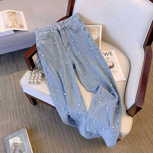 Dames jeans blauw rechte parel tas jeans dames retro mode straat kleding hoge taille denim wide been broek casual losse broek q240523