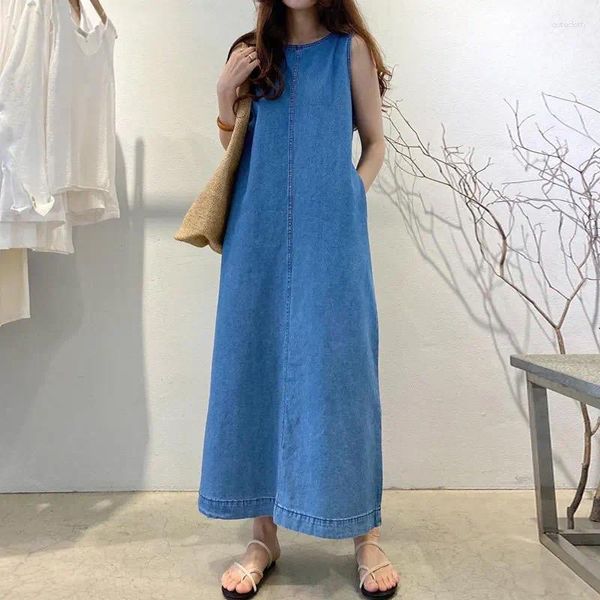 Jeans pour femmes Bleu Robe d'été Femmes 2023 Mode Corée Élégante Mince Imitation Denim Vintage Lâche Sans Manches Longues Streetwear Vêtements