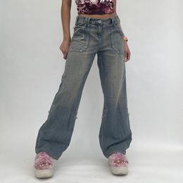 Jeans de mujer Mujeres azules Y2k Emo Grunge Streetwear Baggy Vintage Pantalones de pierna ancha Cintura alta Pantalones de mezclilla rectos Ropa coreana de los años 2000