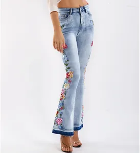Jeans pour femmes Boho dames Flare jambe pantalon vintage taille haute coton denim décontracté côté broderie florale mince femmes été