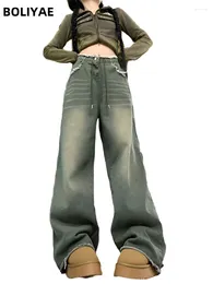 Jeans pour femmes Boliyae Cordon Baggy Femmes Y2K Streetwear Rétro Mode Large Jambe Denim Pantalon Harajuku Américain Lâche Pantalon Droit