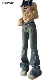 Jeans Femme Boliyae conception de bord brut taille haute jean évasé femmes Y2k mode pantalon Harajuku Streetwear mince Simple lavé Denim pantalon 231207
