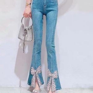 Jeans pour femmes Bootcut Flare Denin avec cristal strass diamant cheville longue taille haute Slim Jean Bell Bottom Plus Taille Luxe