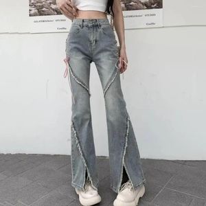 Bootcute de jeans pour femmes avec des liens latéraux hauts hauts lâches de bracelet déchiré par patchwork de détail pantalon streetwear