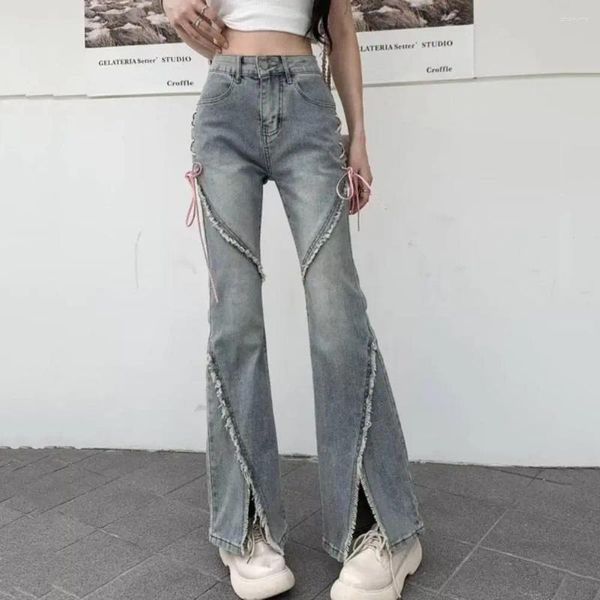 Jean femme coupe botte avec attaches latérales taille haute ourlet évasé sangle déchirée décor Patchwork détail Streetwear long