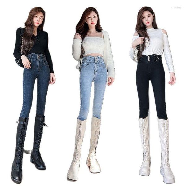 Jeans pour femmes Bootcut femmes mode oeillets sur la taille coton Spandex épais chaud Denim pantalon
