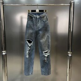 Jeans pour femmes borvemays 2024 trou de personnalité d'automne haute taille contraste couleurs de rue tendance rétro femme wz6231