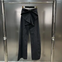 Jeans pour femmes Borvemays Bow Décorer Patchwork Lâche Personnalité Rue Taille Haute Couleurs Contrastantes Automne Hiver Pantalon à Jambes Larges