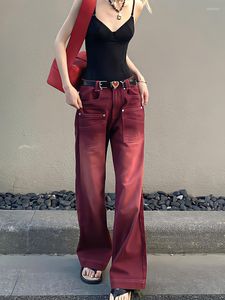 Jeans femme Style petit ami Baggy femmes taille haute pantalon rouge Vintage lavé en détresse jambe large Denim pantalon Streetwear