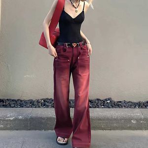 Jeans pour femmes Style Boyfriend Street Clothing Bag Jeans Pantalons en denim pour femmes Taille haute Y2k Vintage Wash Distressed Wide Leg Drag Red Pants J240217