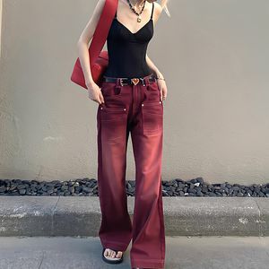 Jeans pour femmes style petit ami Streetwear Baggy femmes pantalons en jean taille haute Y2k Vintage lavé en détresse jambe large vadrouille pantalon rouge 230720