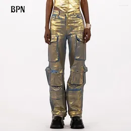 Jeans pour femmes BPN Streetwear Patchwork Pockets for Women High TAILL Couleur Sincild Spliced Chic Denim Pantal