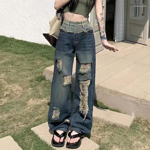 Jeans pour femmes cassé mode rétro épissage Collision couleur pantalon droit ample à la mode Street Shoot Harlan femmes
