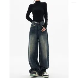 Jean femme fermeture à bouton pantalon décontracté en détresse Vintage taille haute jambe large Denim avec poches profondes à l'entrejambe pour la hanche