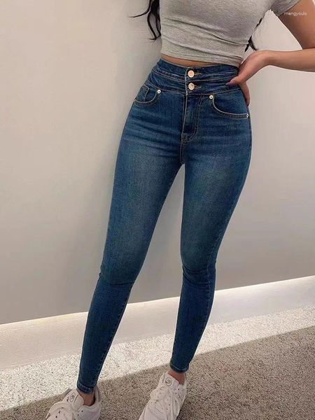Buton de jeans pour femmes hautes taille printemps automne élastique skinny mince pantalon à crayon branché les femmes