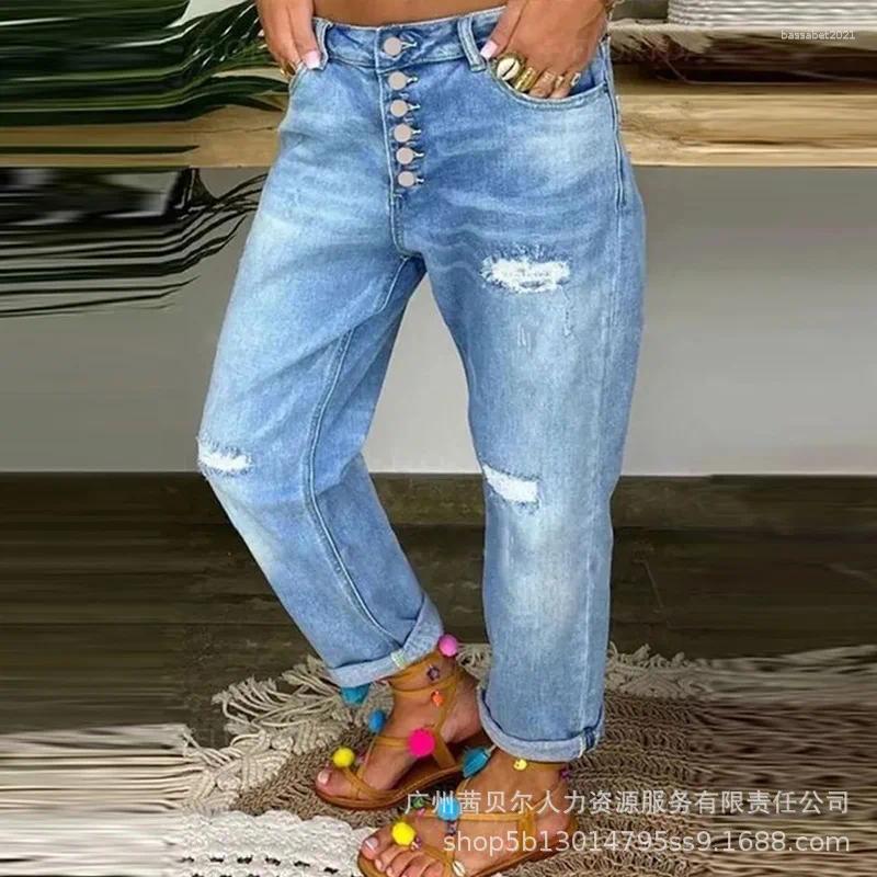 Pulsante per jeans femminile strappato a bassa vita in denim autunno 2024 casual sciolte buchi tasca pantaloni lunghi pantaloni dritta slim fit