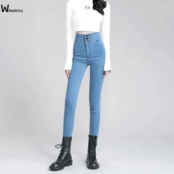 Botones de jeans para mujeres Leggings flacos Mujeres delgadas de cintura alta en la cintura