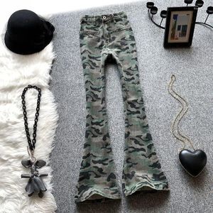 Damesjeans Camouflage Green American Vintage Cargo Flare Pants Denim Women High Taille Slim Fit Casual Streetwear Enkle Lengte