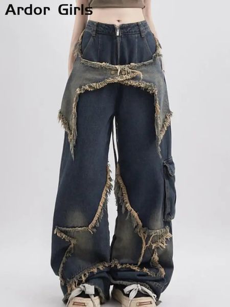 Pantalones vaqueros de mujer Pantalones vaqueros de carga Pantalones de calle de mujer sueltos de gran tamaño con paneles Pentacle Raw Hem Pant Vintage Blue Hip Hop Pantalones de mezclilla femeninos 231208