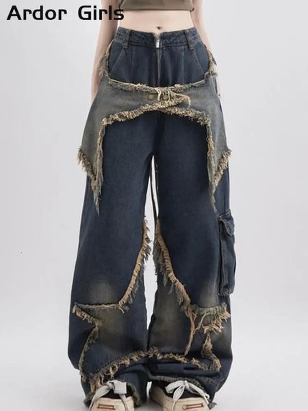 Pantalones vaqueros de mujer Pantalones vaqueros de carga Pantalones de calle de mujer sueltos de gran tamaño con paneles Pentacle Raw Hem Pant Vintage Blue Hip Hop Pantalones de mezclilla femeninos 231109