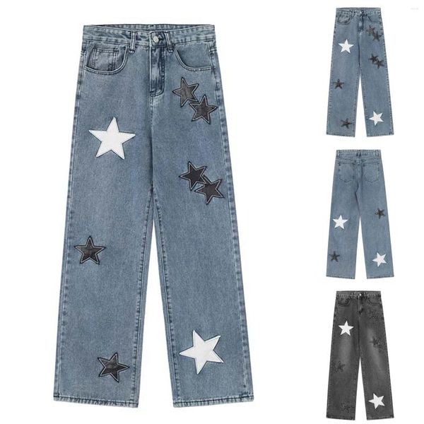 Jeans Women's Cargo Straight Wide Street Flower Zipper Retro Star Print Design All Hip Hop Mid Rise Neutral Pareja Pantalones