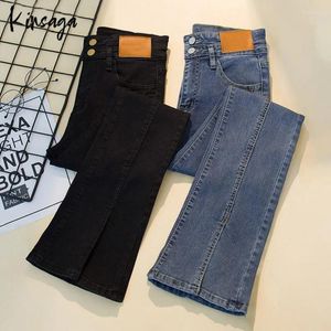 Jeans pour femmes bouton décontracté up skinny extensible hauteur hauteur pantalon droit pantalon féminin harajuku stripe patchwork basic de base en denim noir pantalon 90s