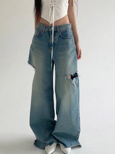 Jeans femme décontracté découpé Vintage Streetwear Y2k Baggy dames mode coréenne taille haute femmes pantalon Grunge 90s pantalon