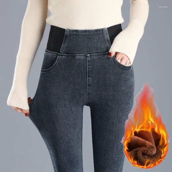 Jeans para mujer Casual Elástico Cintura Plus Terciopelo Mujeres 2023 Invierno Grueso Cálido Slim Denim Leggings Retro Negro Gris Flaco Pantalones de algodón