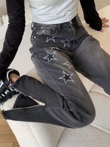 Jeans feminino casual bordado calça haren dividida moda feminina cintura alta elástica reta calça harajuku 2023 lady hip-hop streetwear