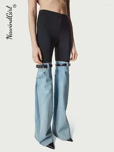 Jeans pour femmes Casual Patchwork Pantalon à jambes larges Femmes Ceinture Taille élastique Colorblock Stretch High Street Pantalon évasé 2024 Pantalon élégant