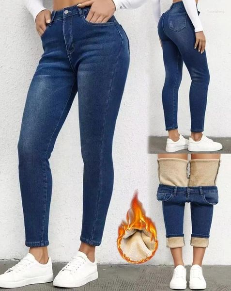 Jeans de mujer Casual Felpa 2024 Moda Azul oscuro Talle alto Diseño de bolsillo Polar Versatilidad básica Forrado Flaco