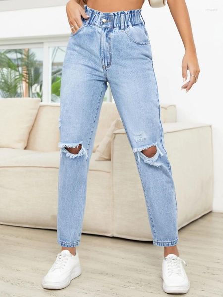 Jeans pour femmes pantalons de jeans décontractés en denim coréen Version 2024 Trou Blue Light Fashion Trend montre des loisirs confortables minces Femme